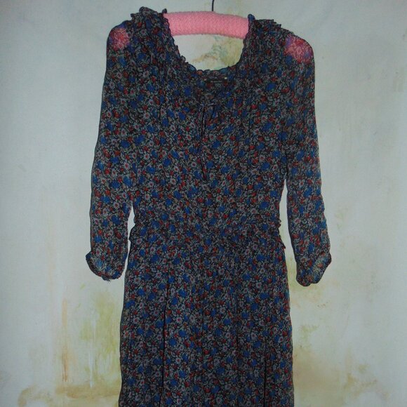 Massimo Dutti Round Floral Ruffle Neck Semi Sheer Layered Midi Dress Boho 5 - Picture 7 of 9